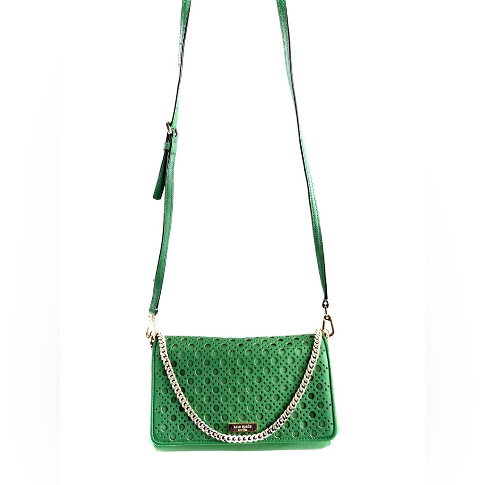 Kate Spade Green Leather Small Crossbody Bag Perforated Flap Brass Chain Strap
